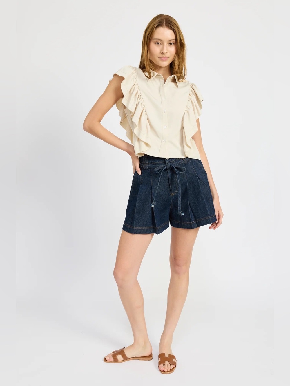 En Saison Nicola Denim Pleated Short $88 Size Small
